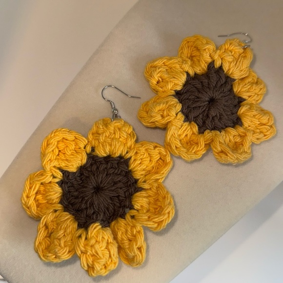 Sunflower Crochet Earrings Pierced w French Hooks Yellow & Brown - Picture 6 of 7